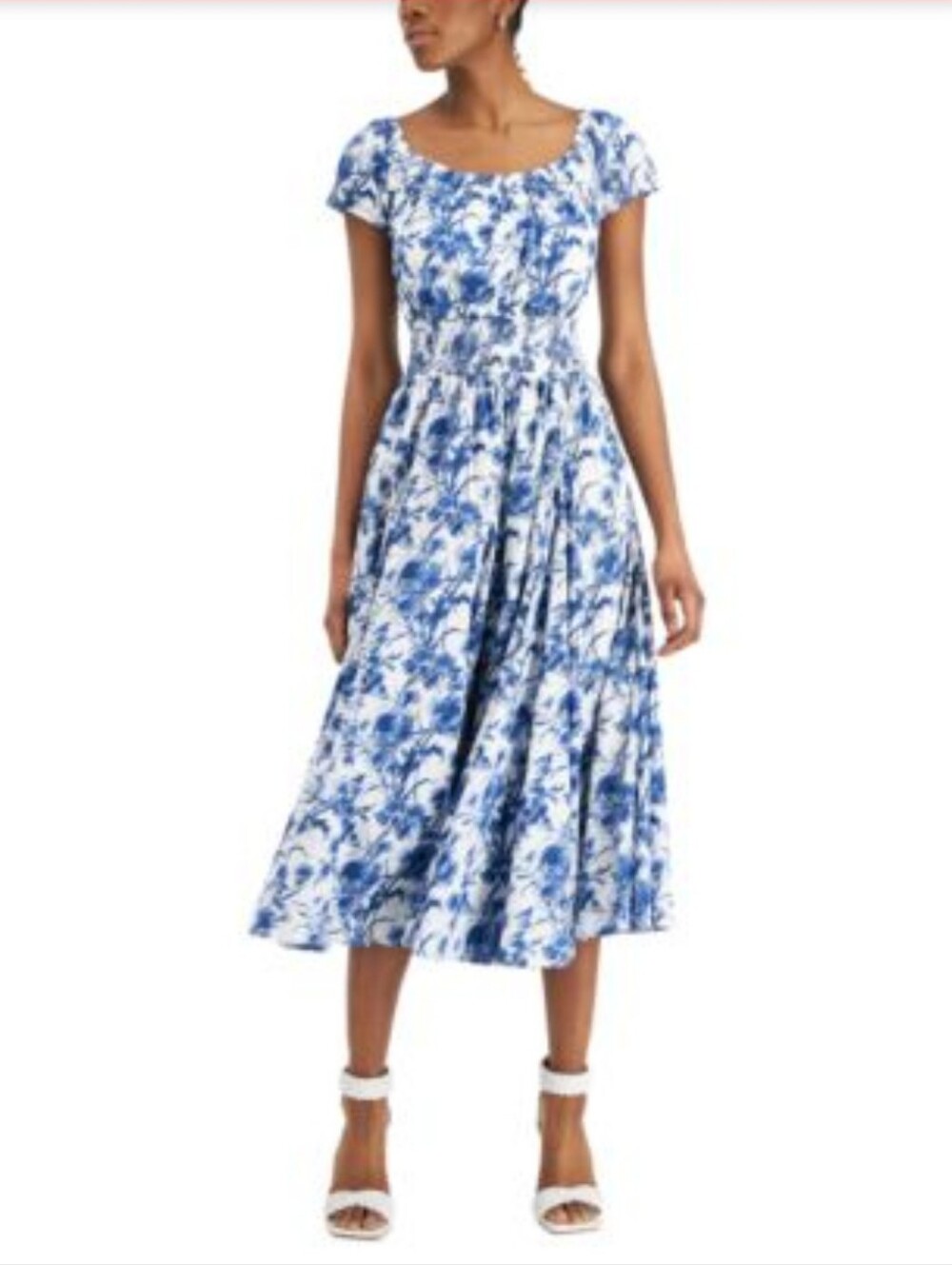 INC International Concepts White and Blue Floral Smocked Midi Dress